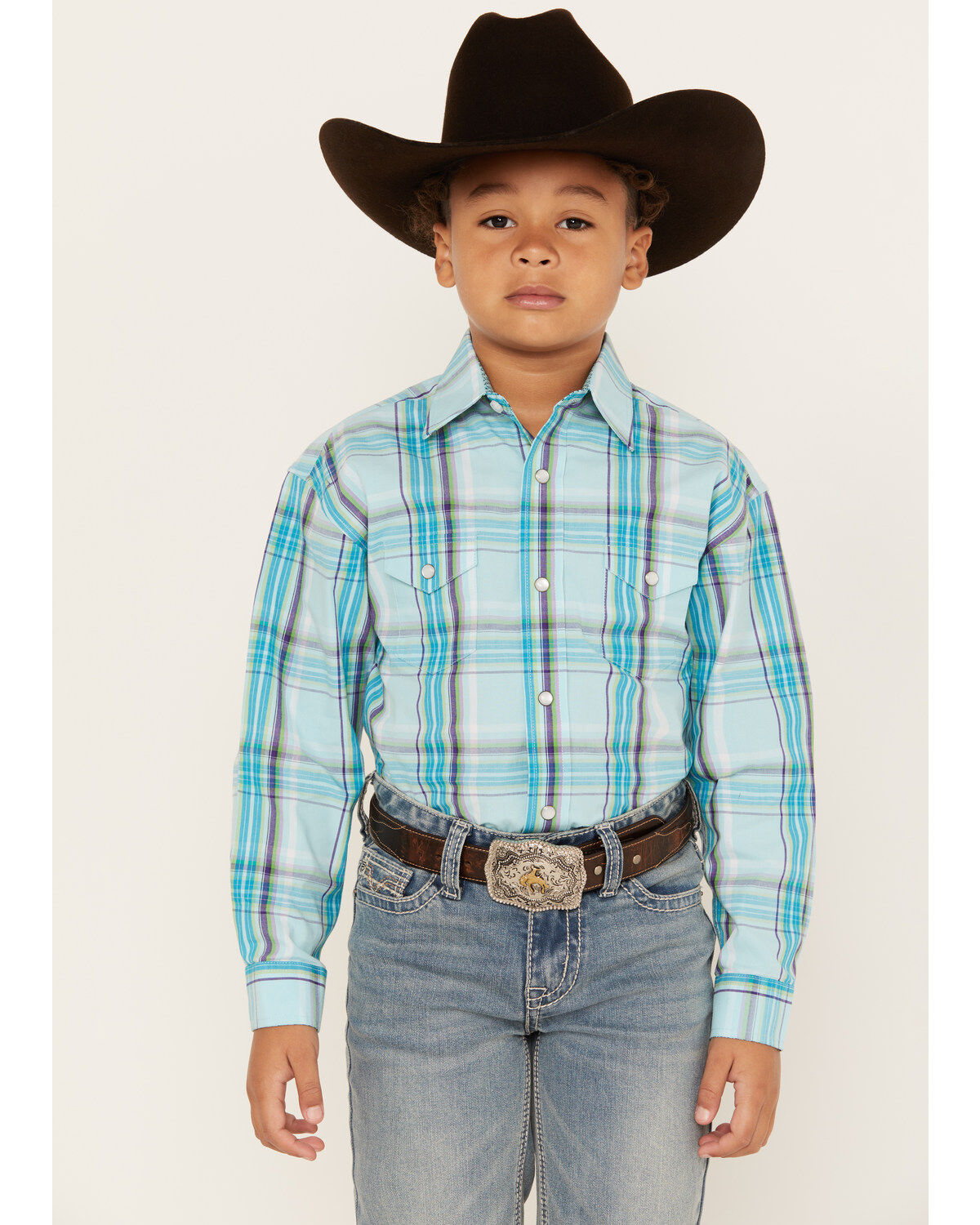 Boys' Panhandle Plaid Print Long Sleeve Pearl Snap Western Shirt