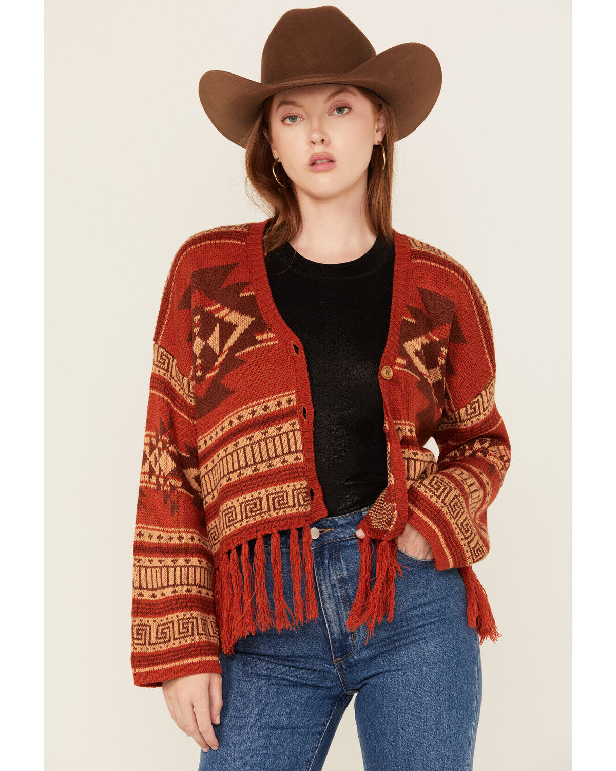 Women's Rock & Roll Denim Southwestern Print Fringe Cardigan