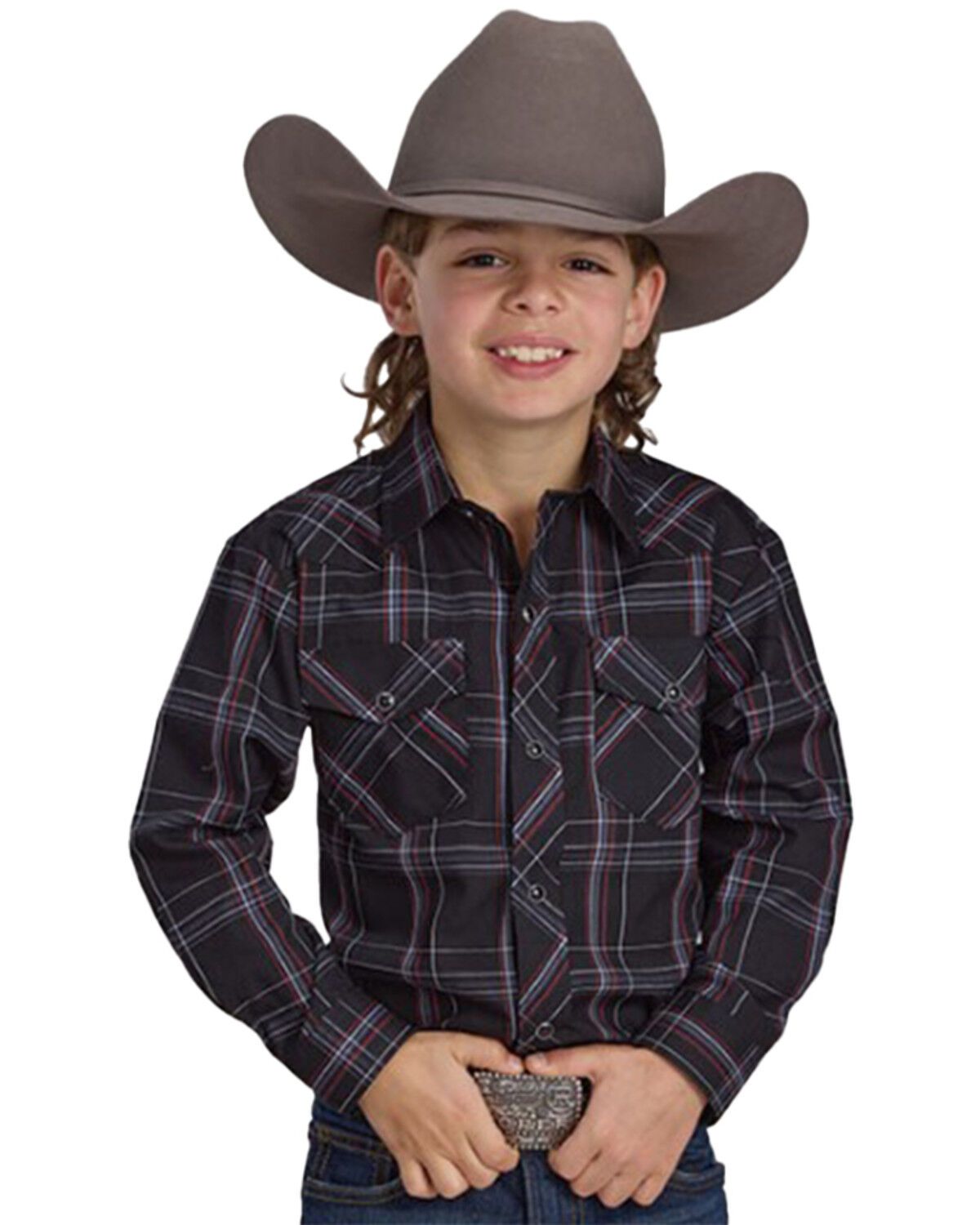 Boys' Roper Plaid Print Long Sleeve Snap Stretch Western Shirt