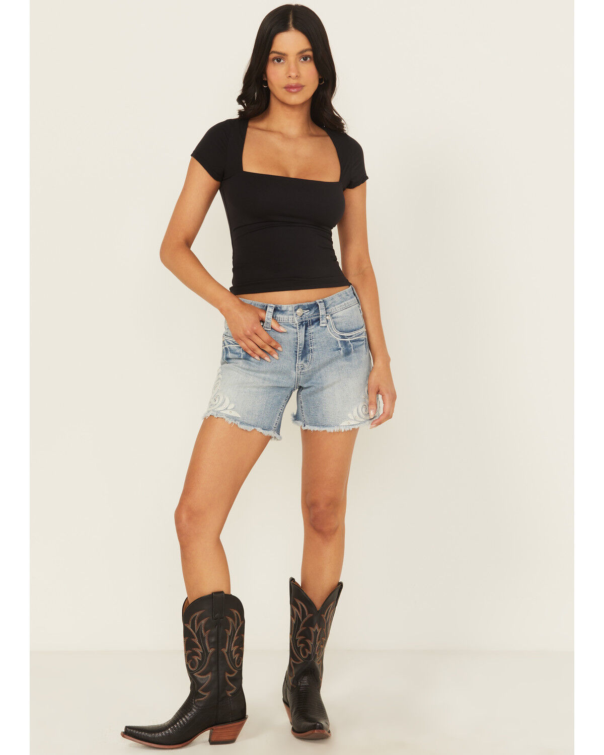 Women's Grace In LA Embellished Light Wash Mid Rise Cutoff Stretch Den