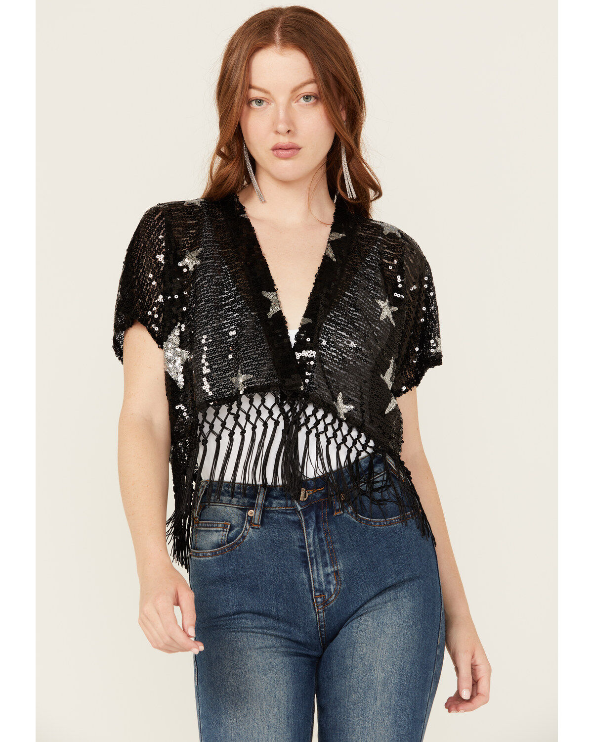 Women's Rock & Roll Denim Star Sequins Fringe Bolero