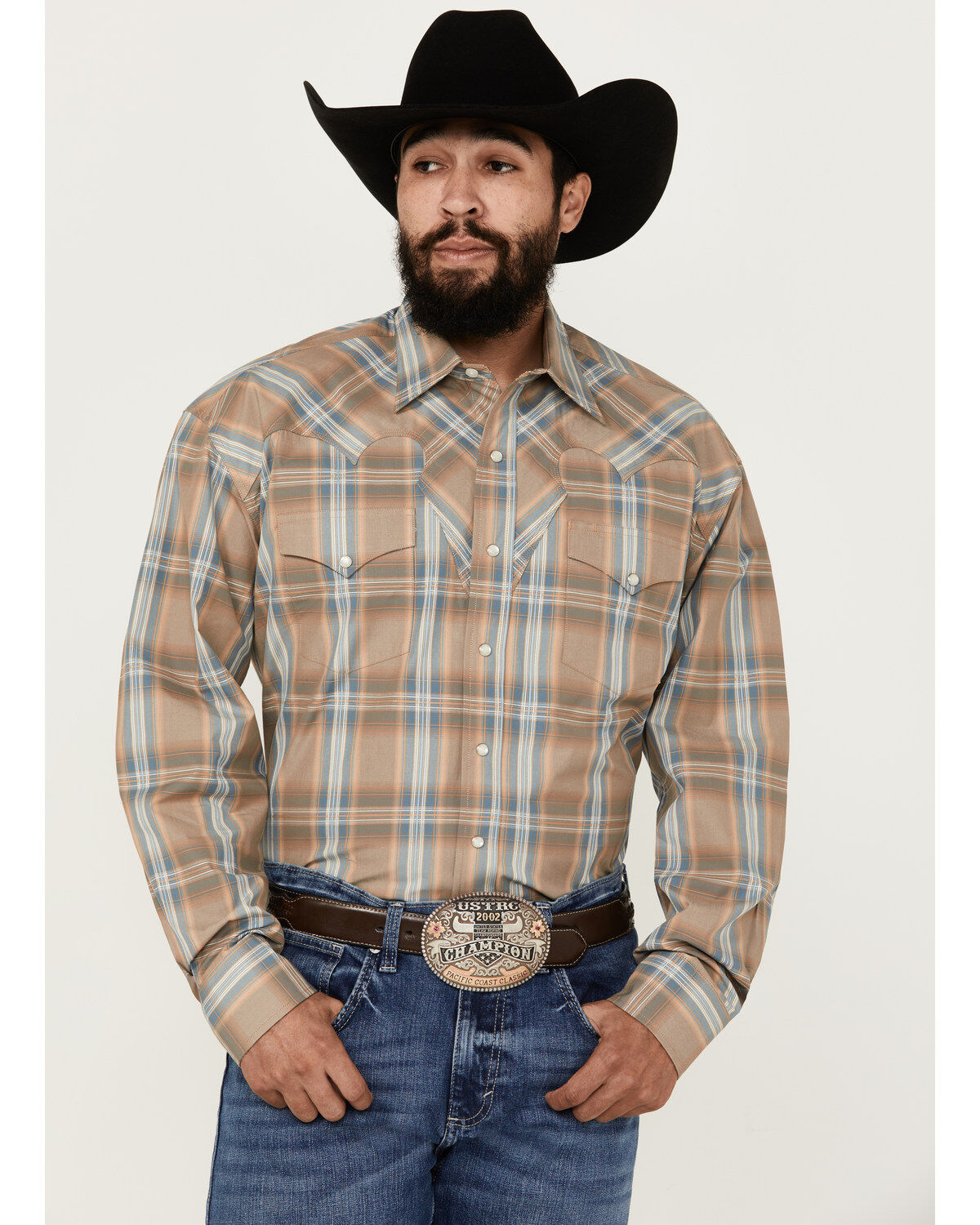 Men's Stetson Plaid Print Fancy Yoke Long Sleeve Pearl Snap Western Sh
