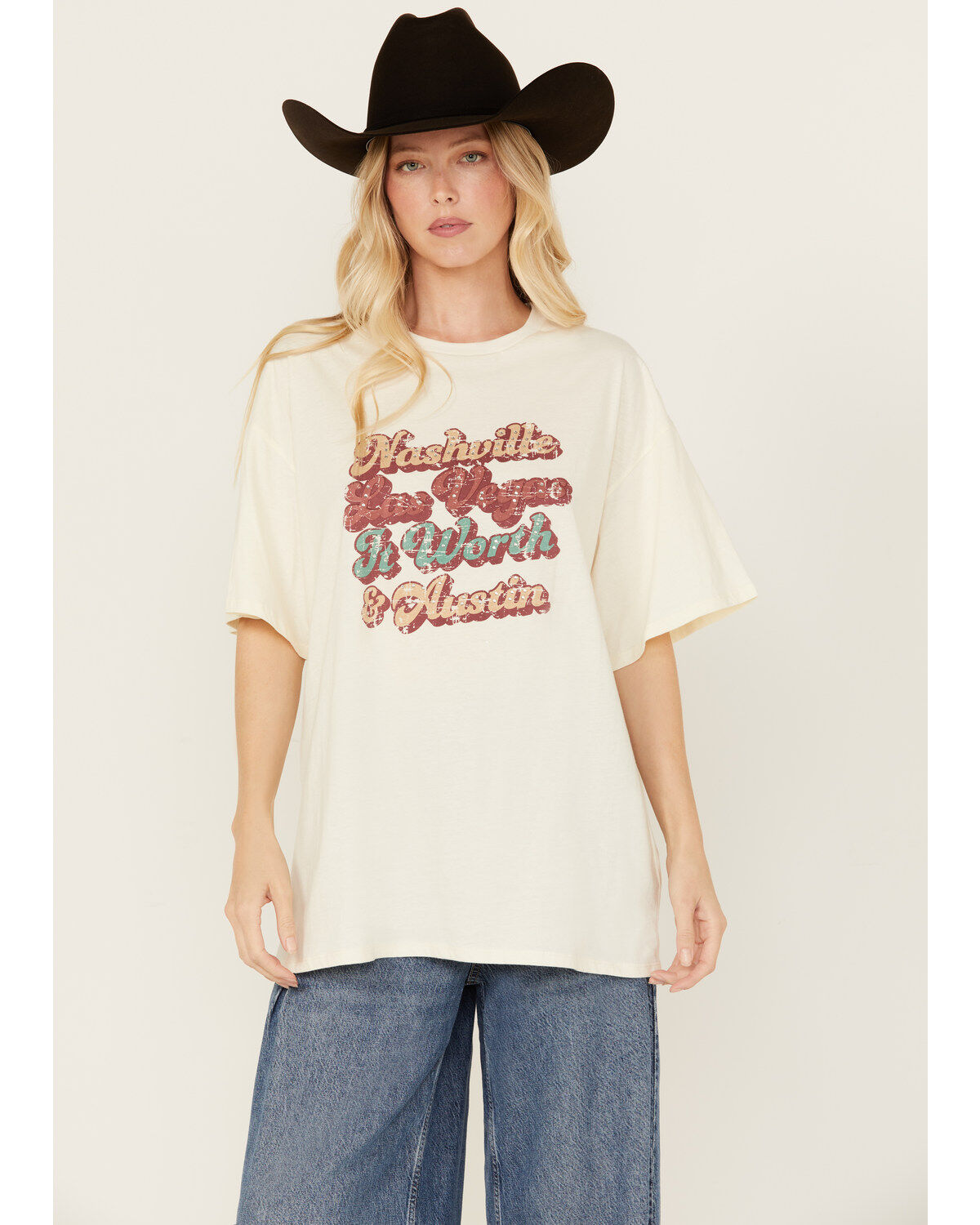 Women's Rock & Roll Denim Embellished City Names Short Sleeve Graphic