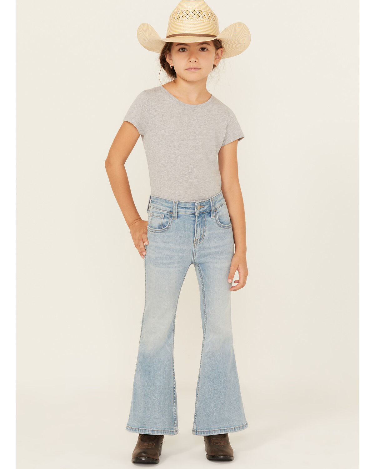 Girls' Shyanne Little Ophelia Floral Embroidered Light Wash Flare Stre
