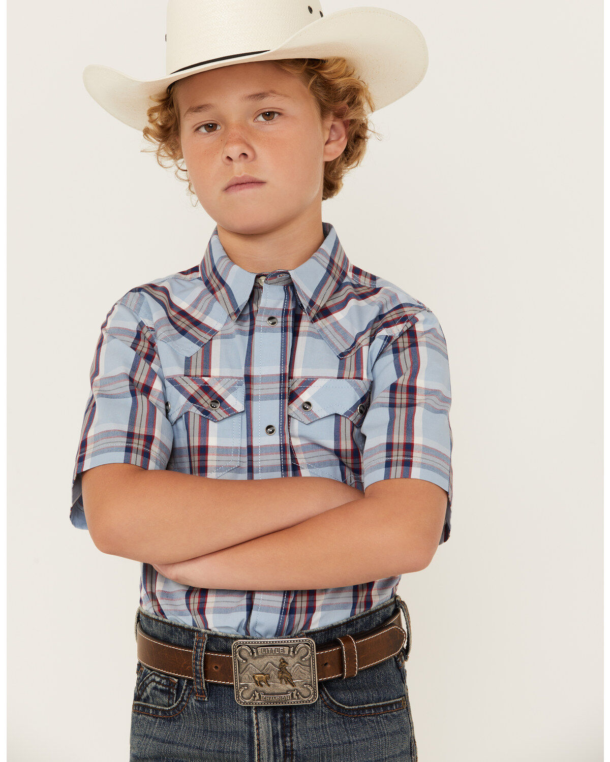 Boys' Cody James Plaid Print Short Sleeve Snap Western Shirt