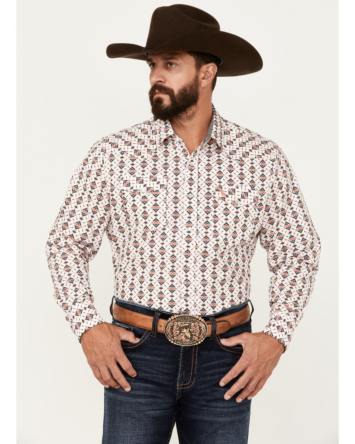 Men's Rodeo Clothing Southwestern Print Long Sleeve Pearl Snap Western