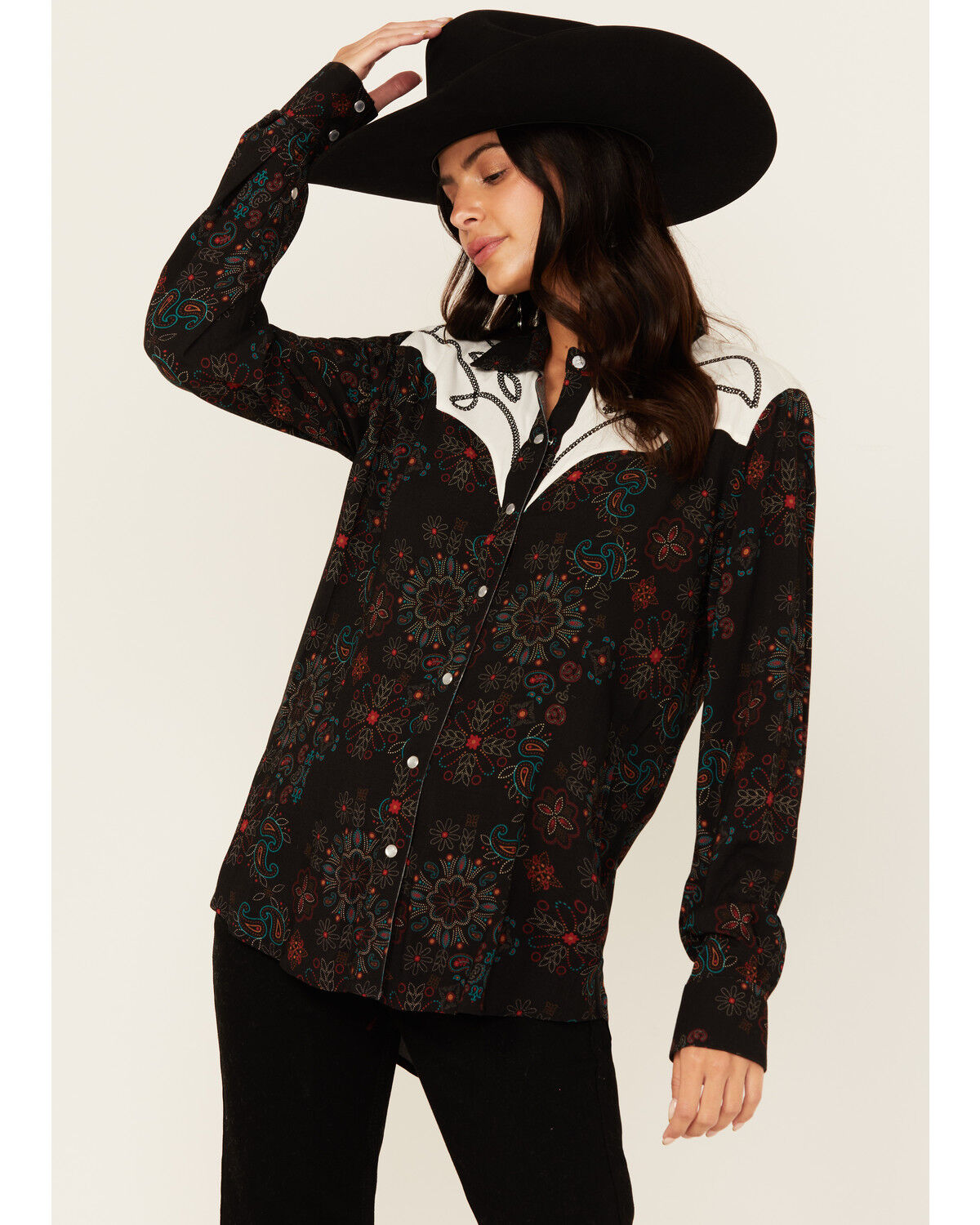 Women's Panhandle Floral Print Embroidered Long Sleeve Snap Western Sh