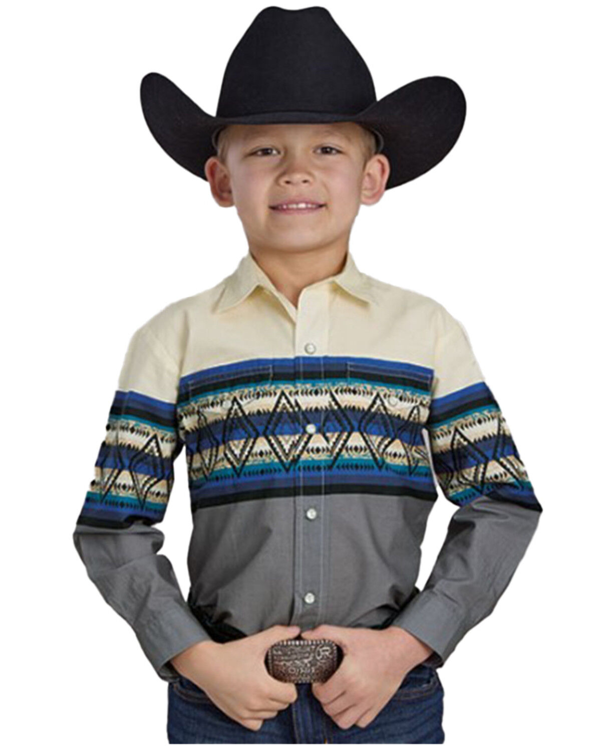 Boys' Roper Southwestern Striped Border Print Long Sleeve Pearl Snap W