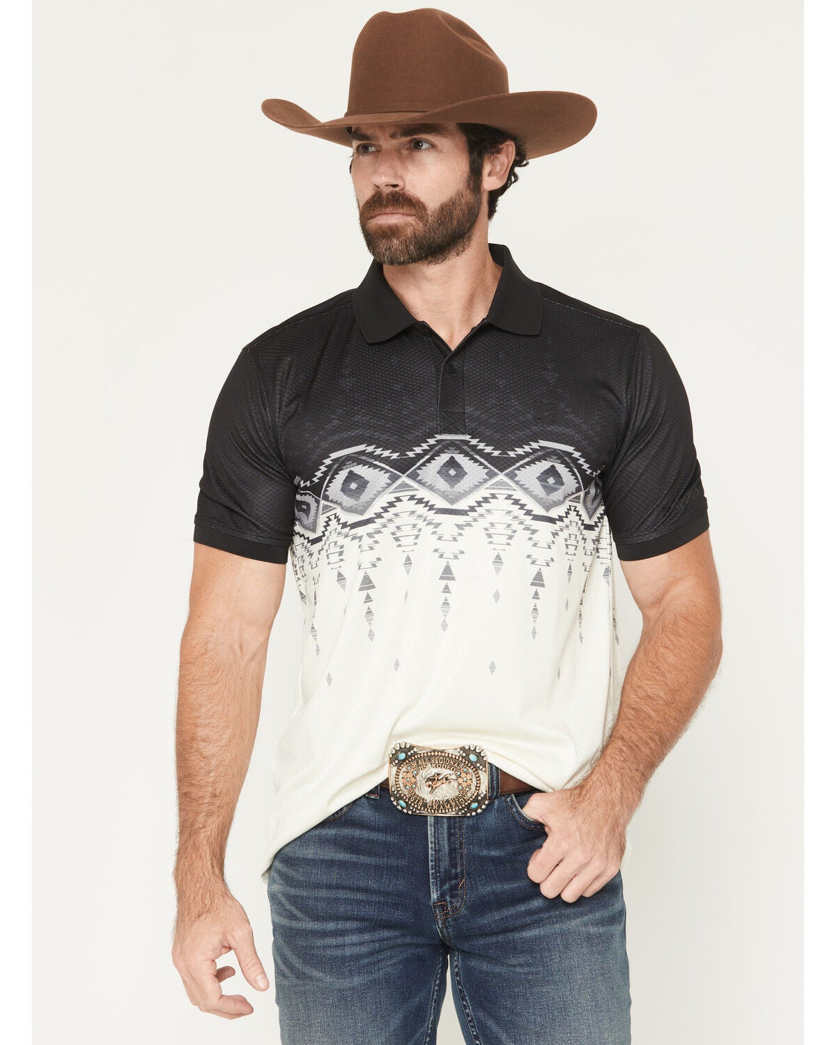 Rank 45 Men’s Elko Southwestern Border Print Short Sleeve Button-Down Polo Shirt in Black, Size Small