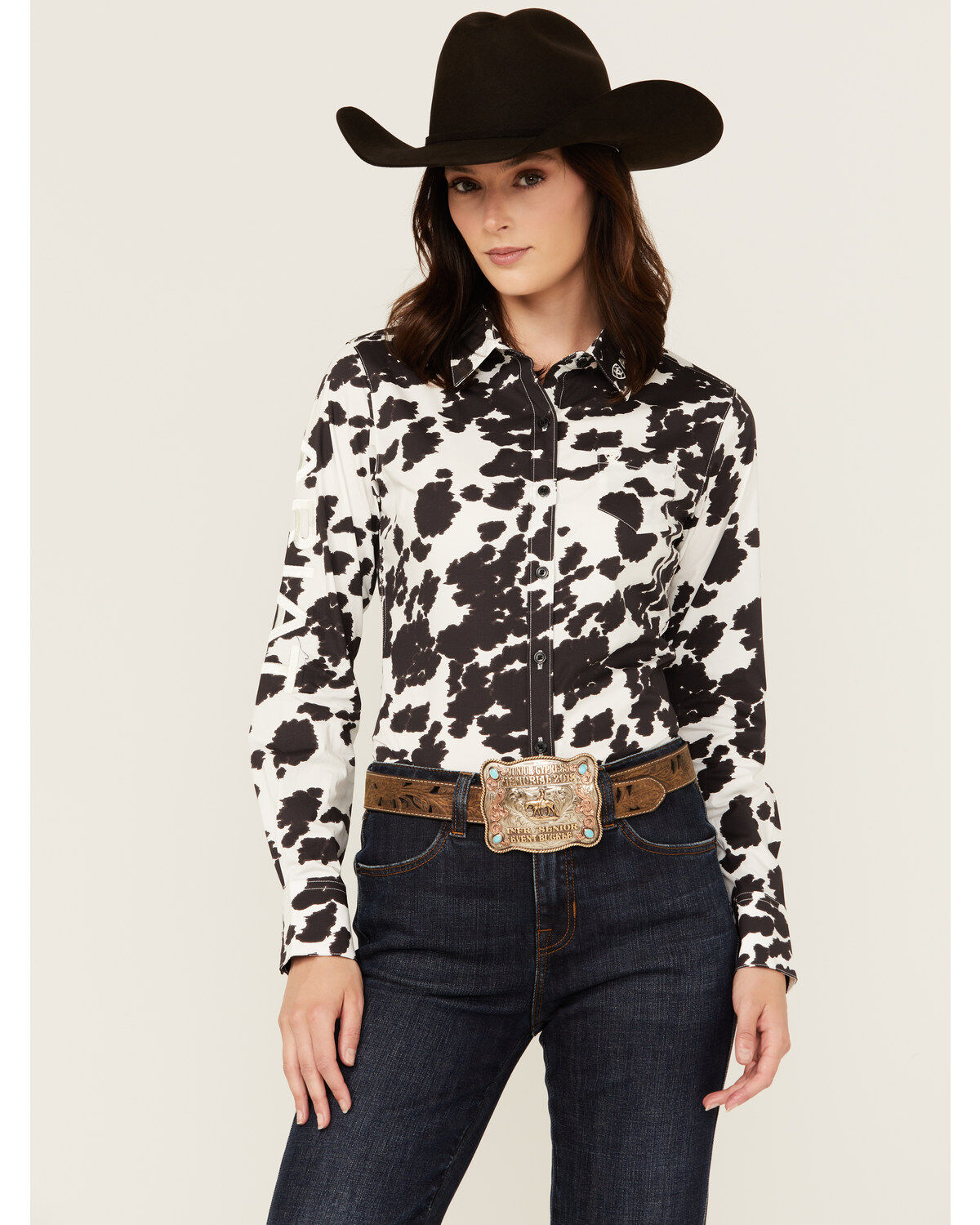 Women's Ariat Cow Print Wrinkle Resist Team Kirby Long Sleeve Button-D