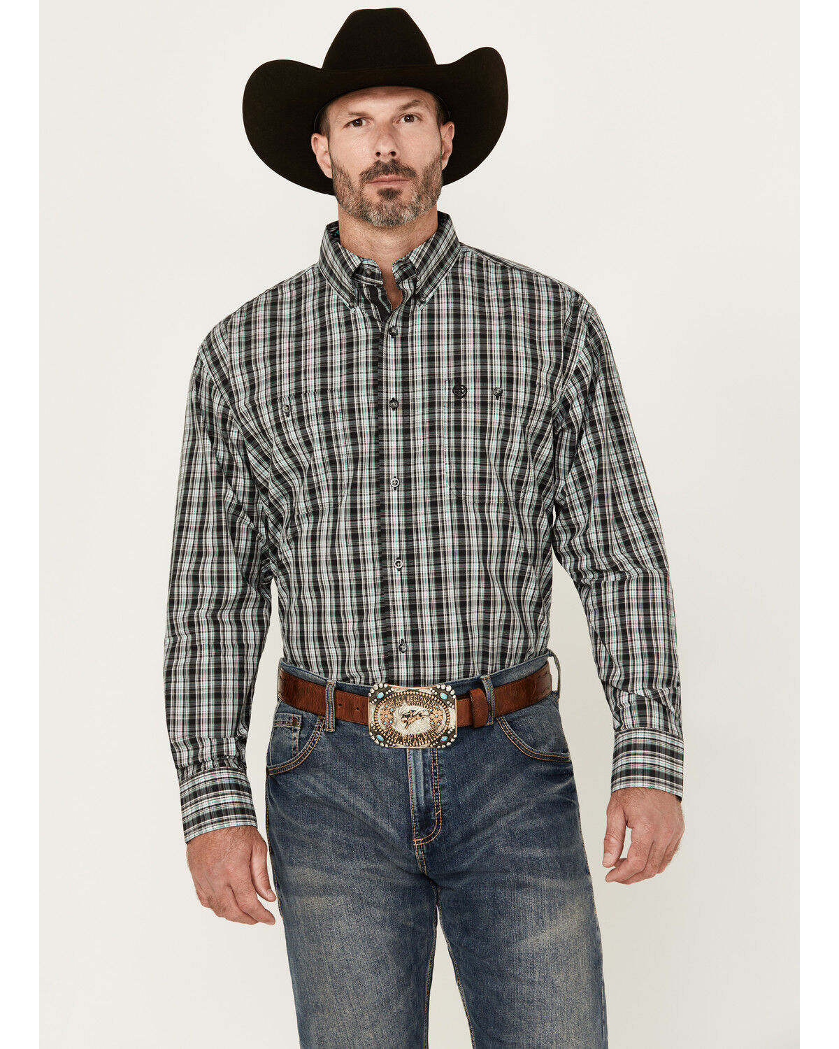 Men's Wrangler George Strait By Plaid Print Long Sleeve Button-Down St