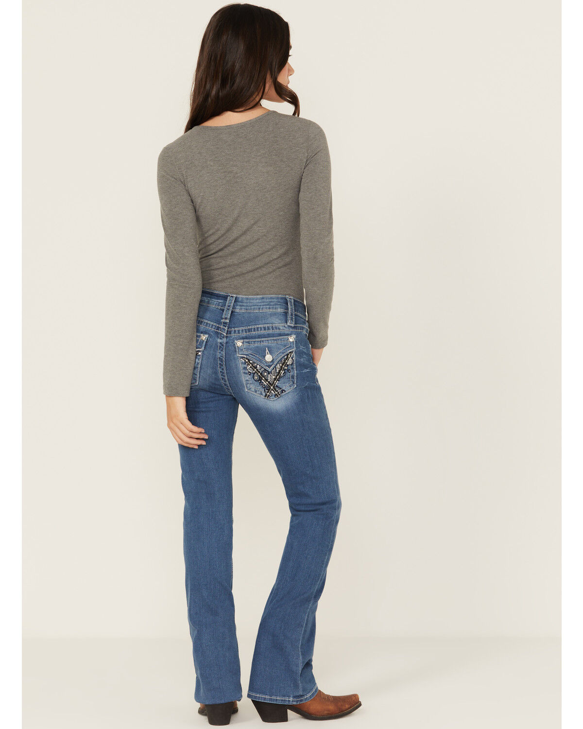 Shyanne Mid Rise Medium Wash Bootcut Paisley Faux Flap Stretch Denim J