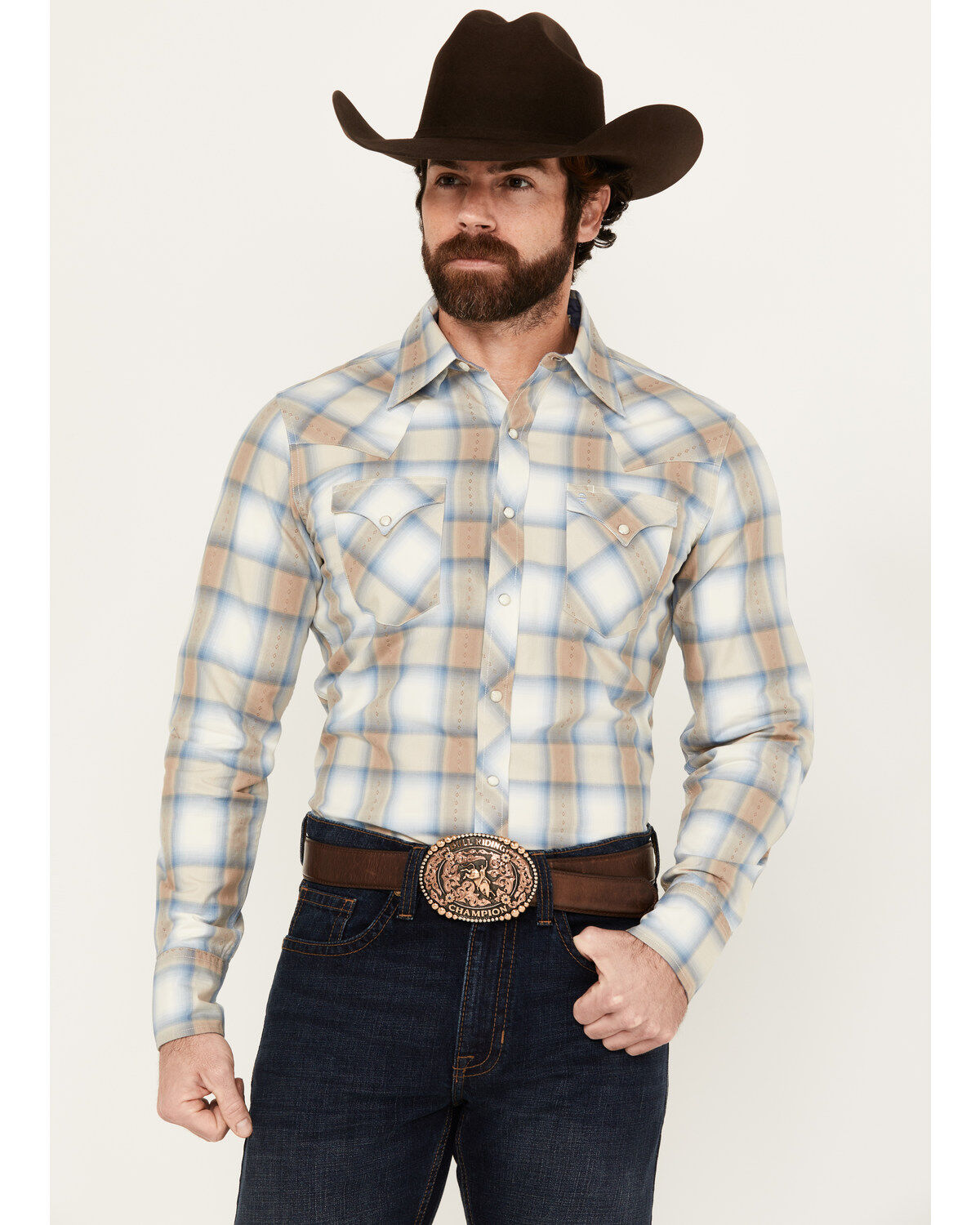 Men's Stetson Dobby Plaid Print Long Sleeve Snap Western Shirt