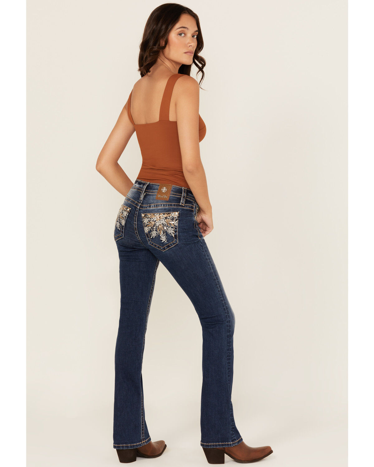 Women's Miss Me Dark Wash Mid Rise Leaf Pocket 32" Bootcut Stretch Den