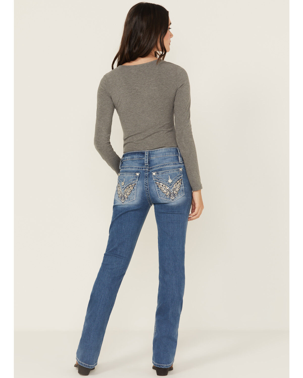 Shyanne Mid Rise Medium Wash Bootcut Wing Faux Flap Stretch Denim Jean