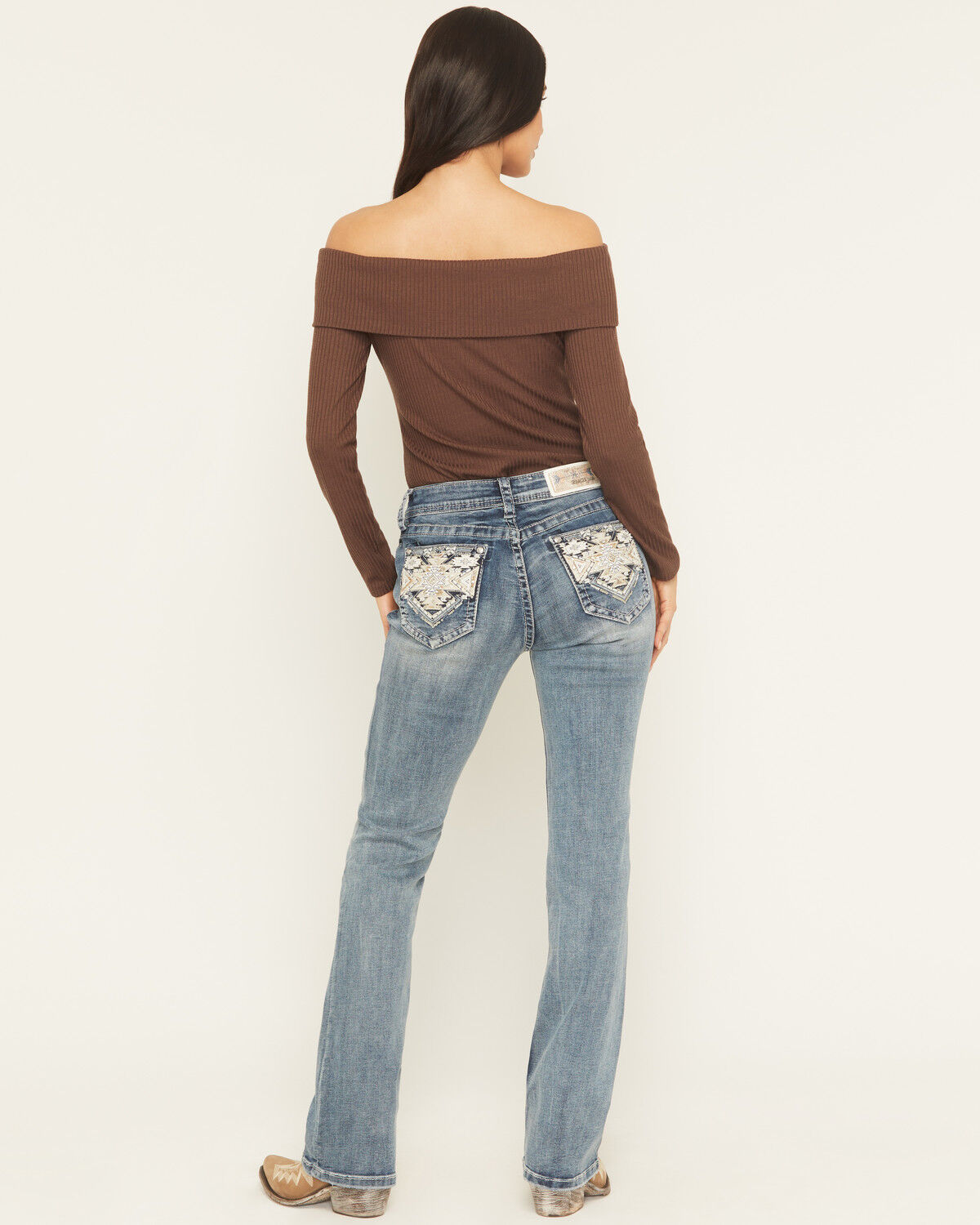 Women's Grace In LA Medium Wash Mid Rise Geo Embroidered Bootcut Stret