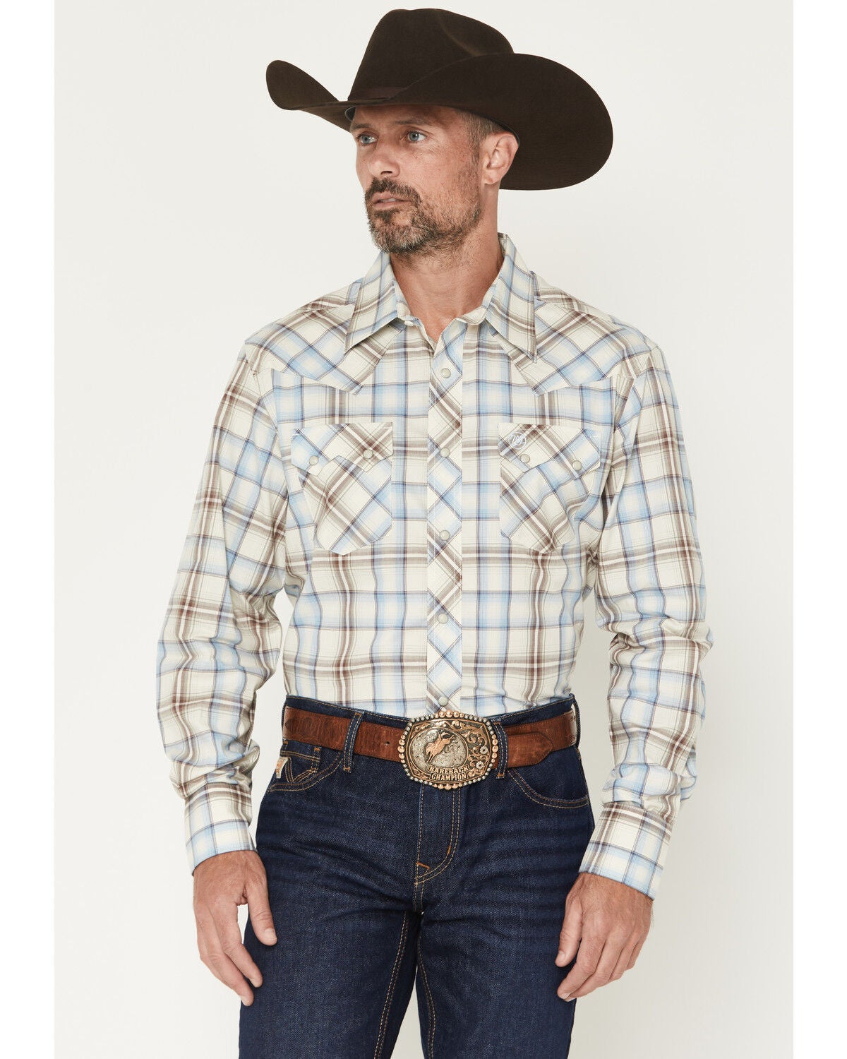Men's Wrangler Retro Plaid Print Long Sleeve Snap Western Shirt