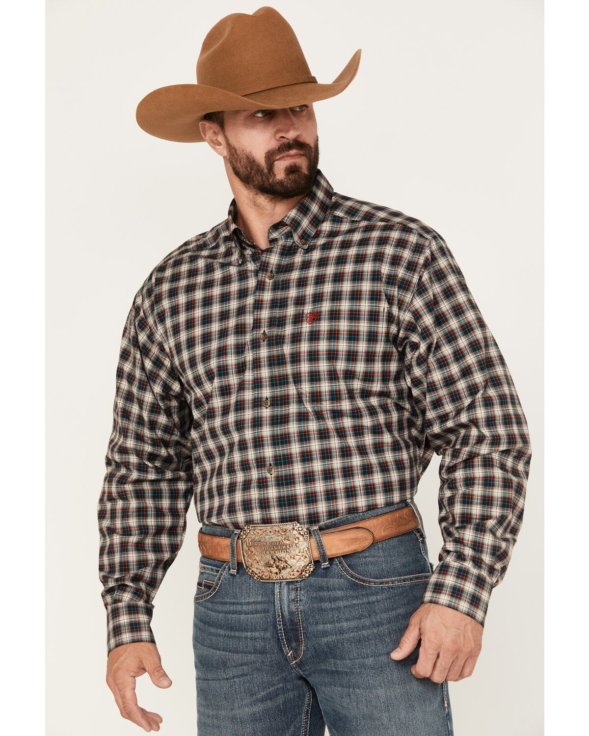Men's Ariat Karter Plaid Print Long Sleeve Button-Down Stretch Western