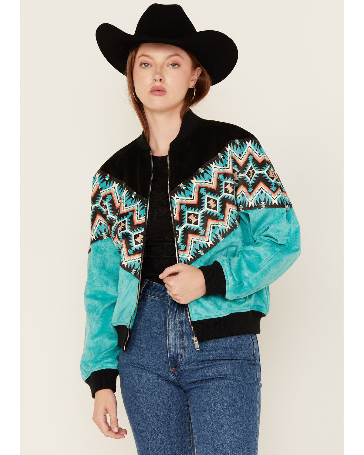 Women's Rock & Roll Denim Southwestern Print Faux Suede Bomber Jacket