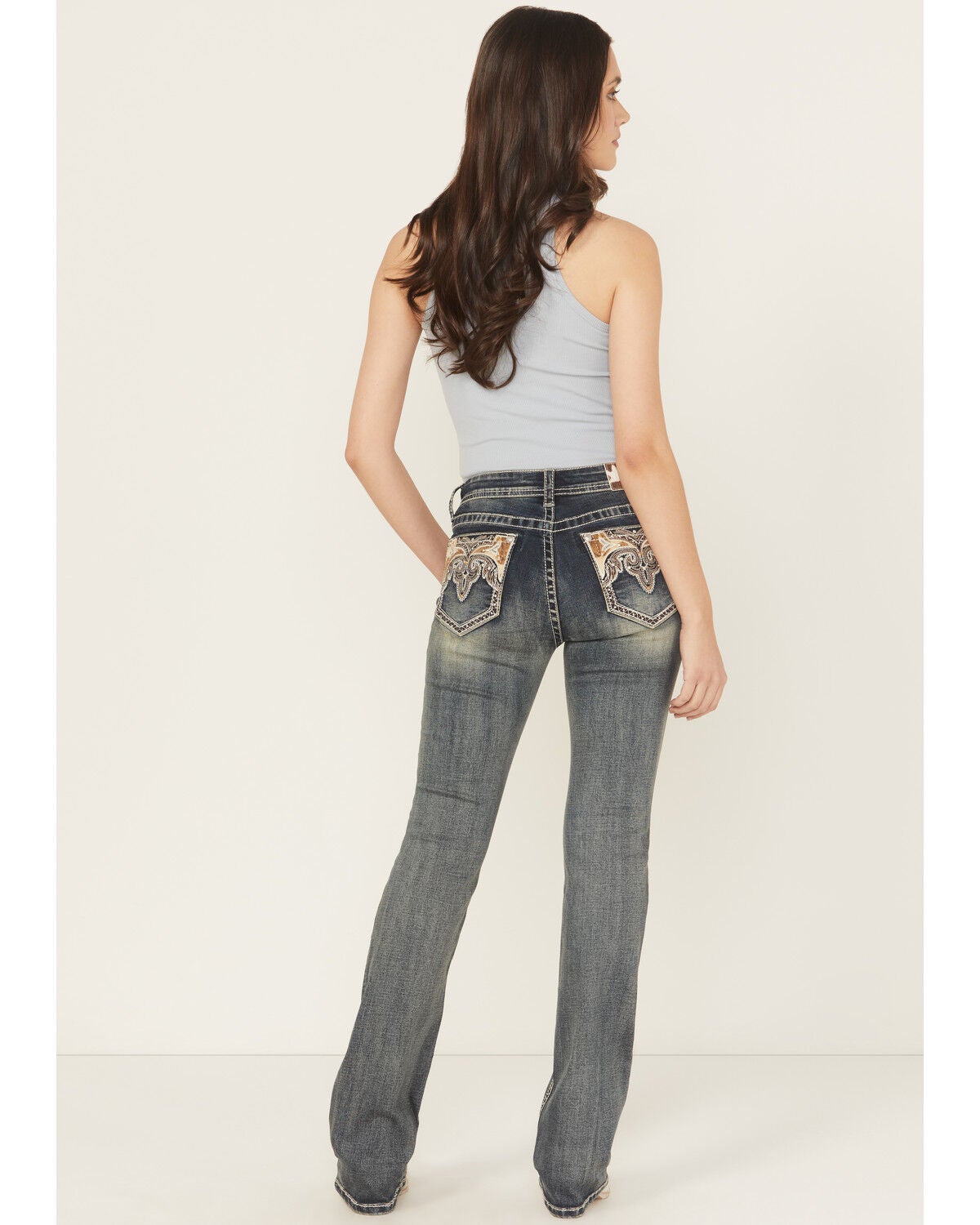 Women's Grace In LA Medium Wash Mid Rise Hairon Bootcut Stretch Denim