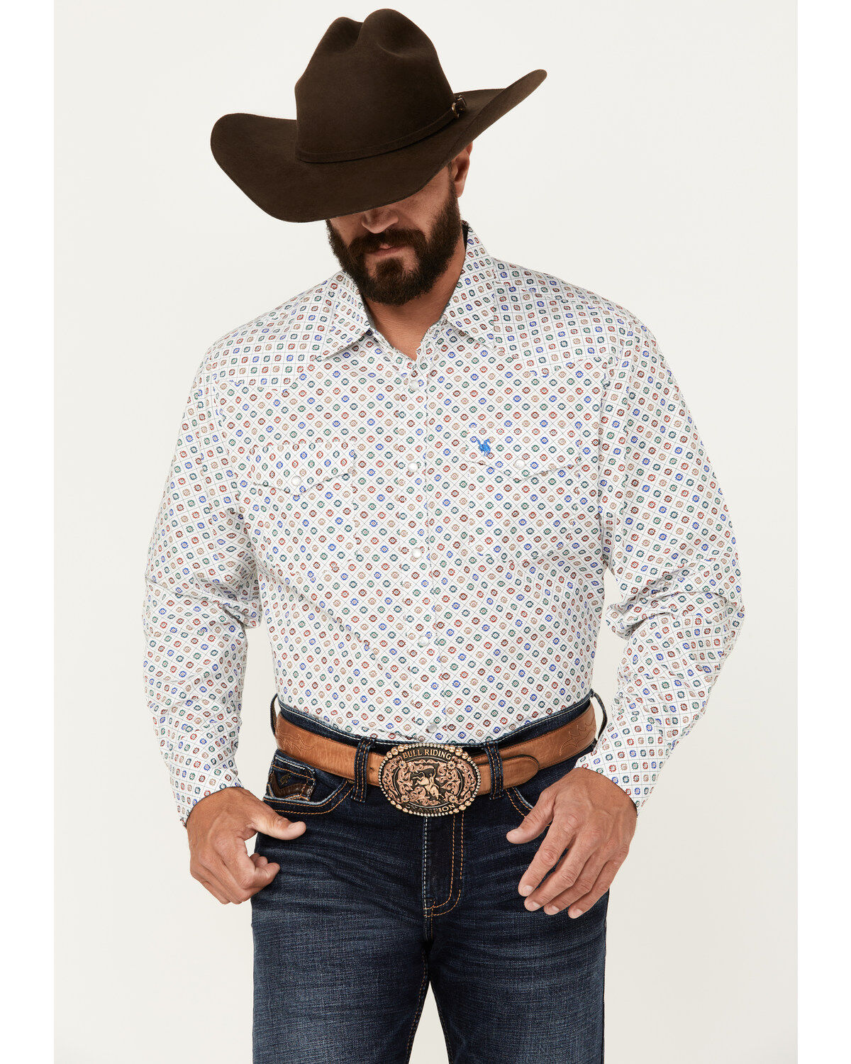 Men's Rodeo Clothing Southwestern Geo Print Long Sleeve Pearl Snap Wes