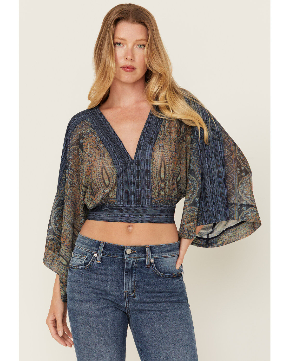 Women's Beyond The Radar Paisley Print Mesh Long Sleeve Top