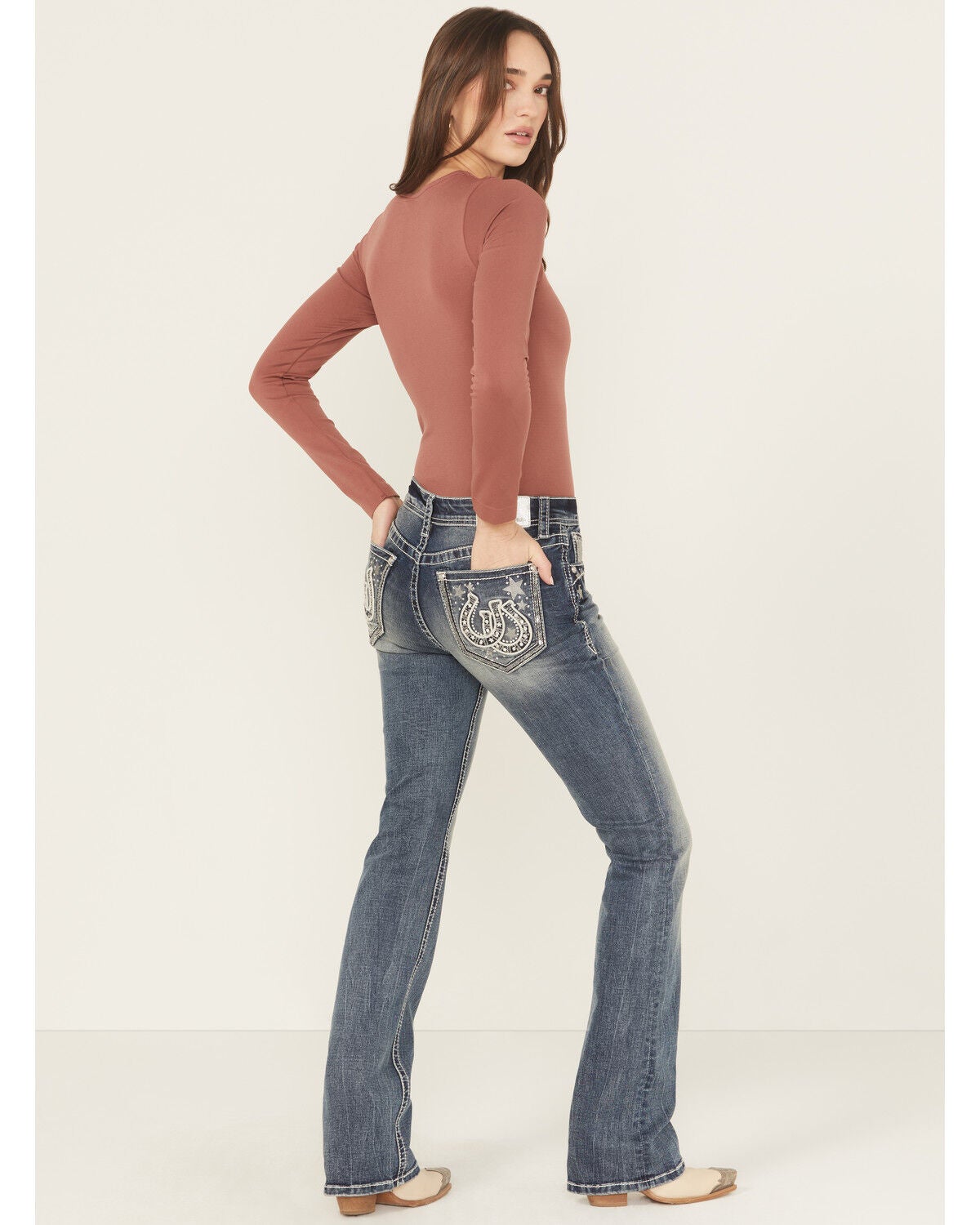 Women's Grace In LA Medium Wash Mid Rise Star Horseshoe Bootcut Stretc