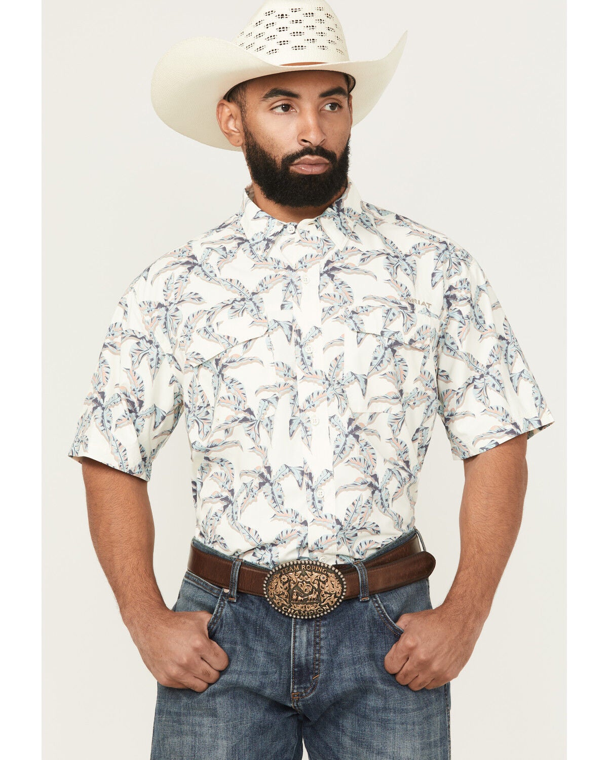 Men's Ariat VentTEK Outbound Palm Tree Print Short Sleeve Button-Down