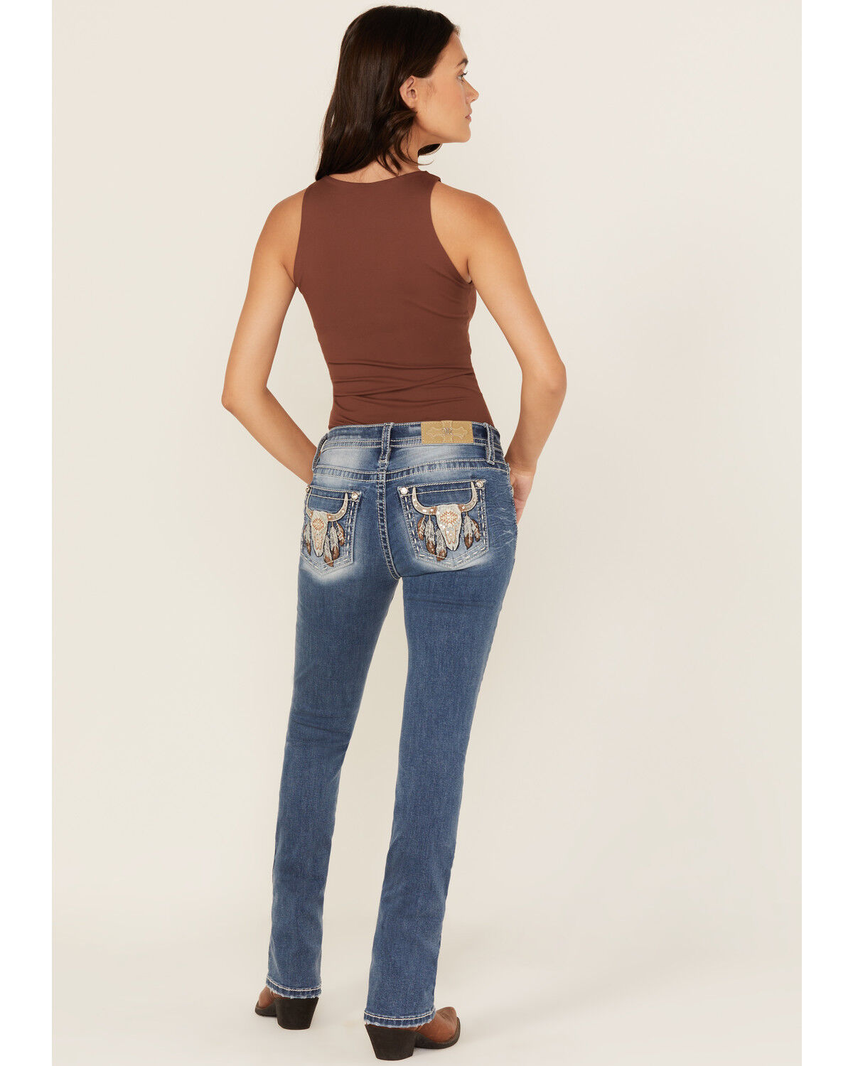 Women's Miss Me Medium Wash Mid Rise Steer Head Bootcut Stretch Denim