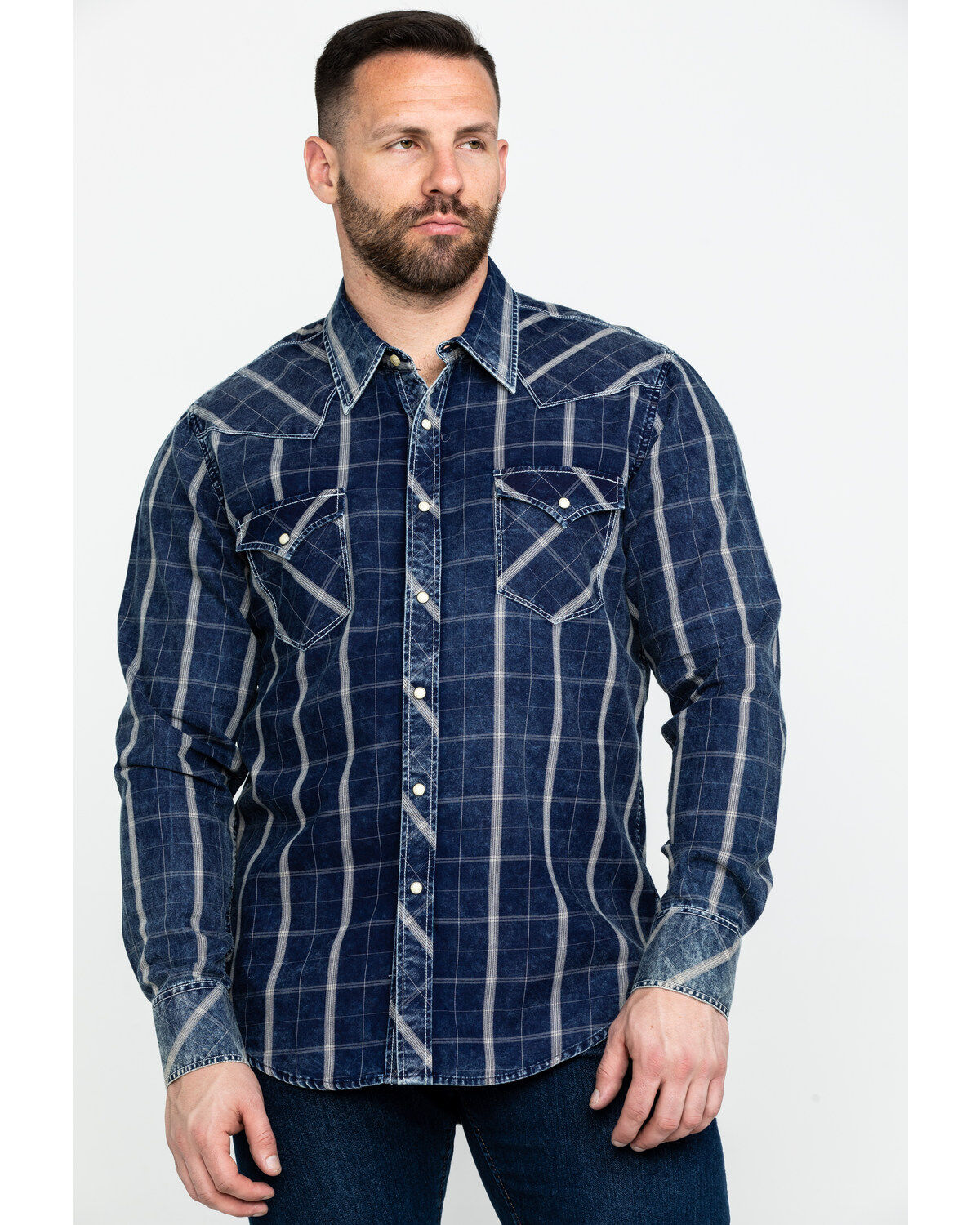 Men's Rock & Roll Denim Crinkle Plaid Long Sleeve Western Shirt