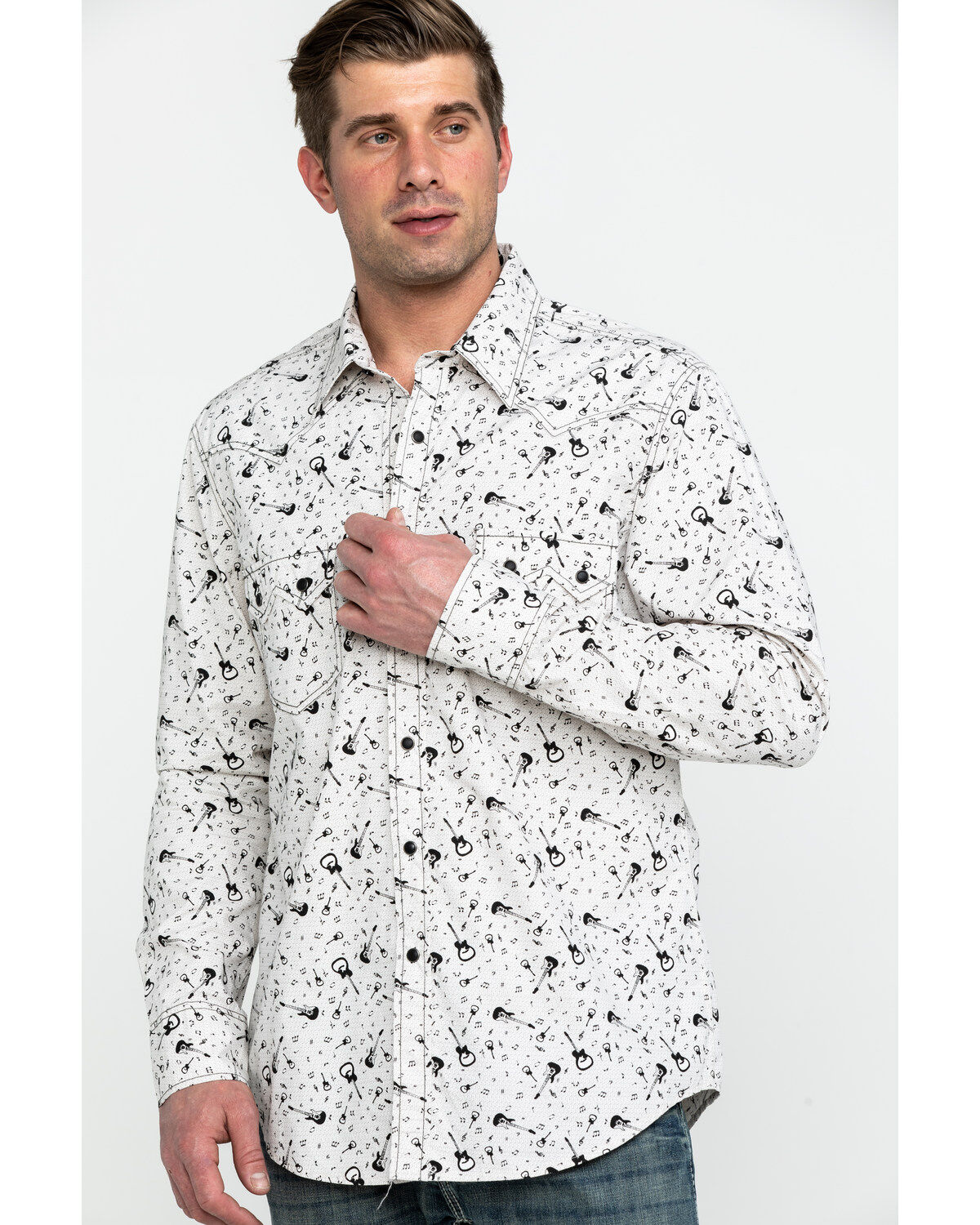 Men's Rock & Roll Denim Washed Guitar Print Long Sleeve Western Shirt