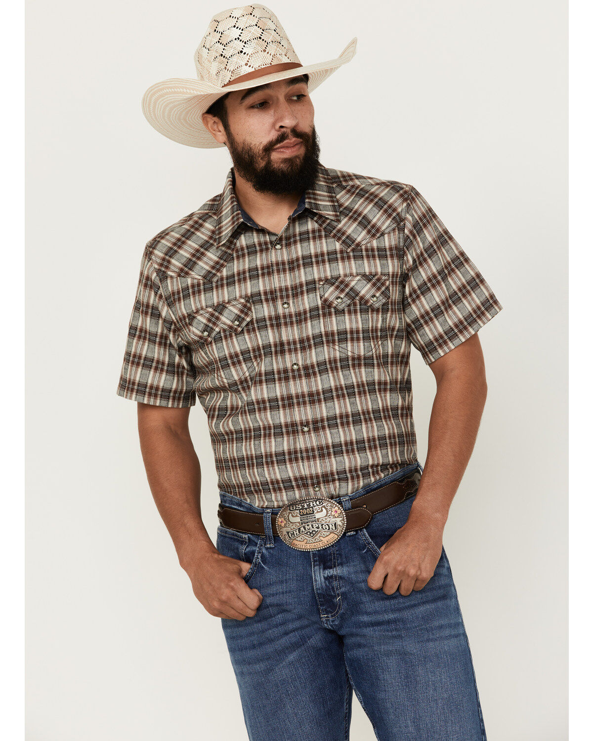 Men's Cody James Grit Plaid Print Short Sleeve Snap Western Shirt - Ta