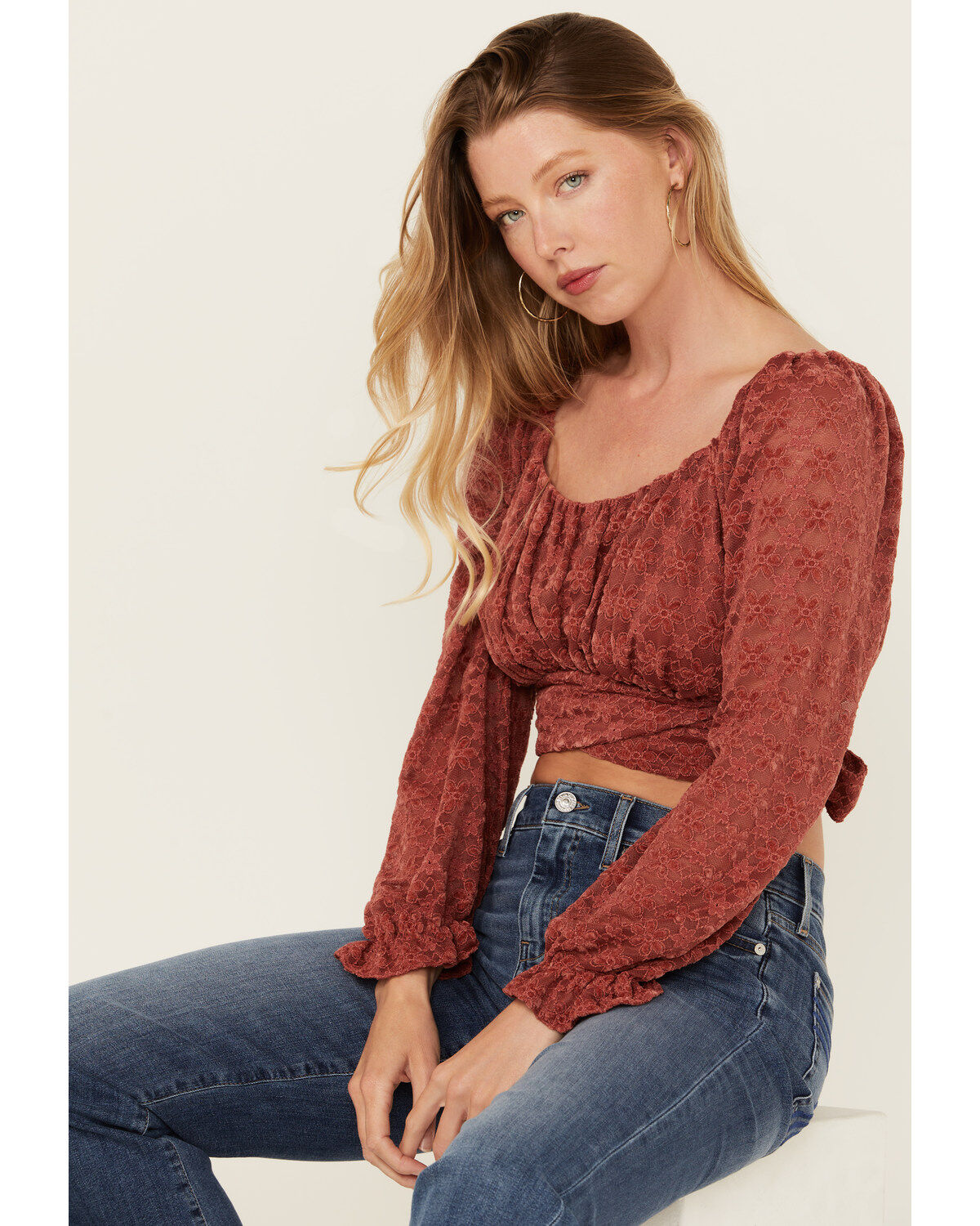 Women's Beyond The Radar Floral Lace Long Sleeve Tie Back Cropped Shir