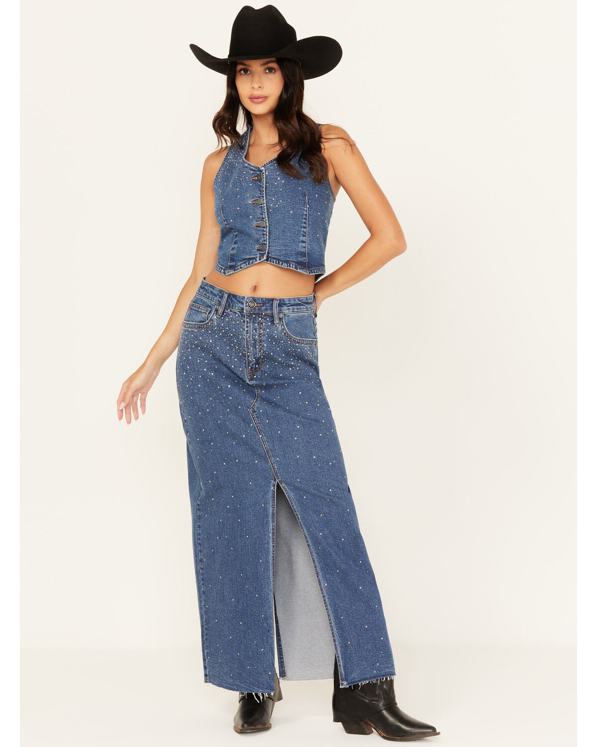 Women's Rock & Roll Denim Medium Wash Rhinestone Studded Maxi Skirt