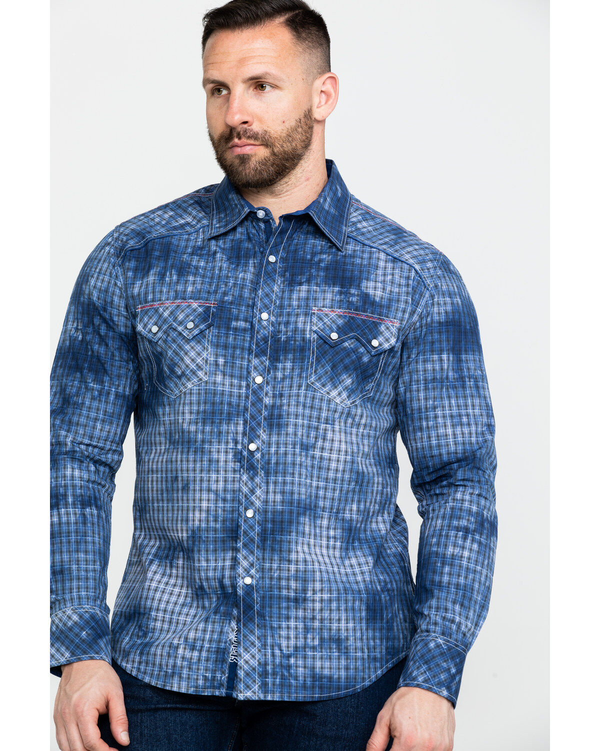 Men's Rock & Roll Denim Spray Washed Satin Plaid Long Sleeve Western S