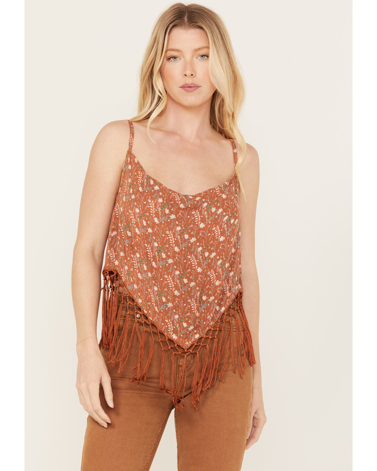 Women's Rock & Roll Denim Floral Fringe Tank Top