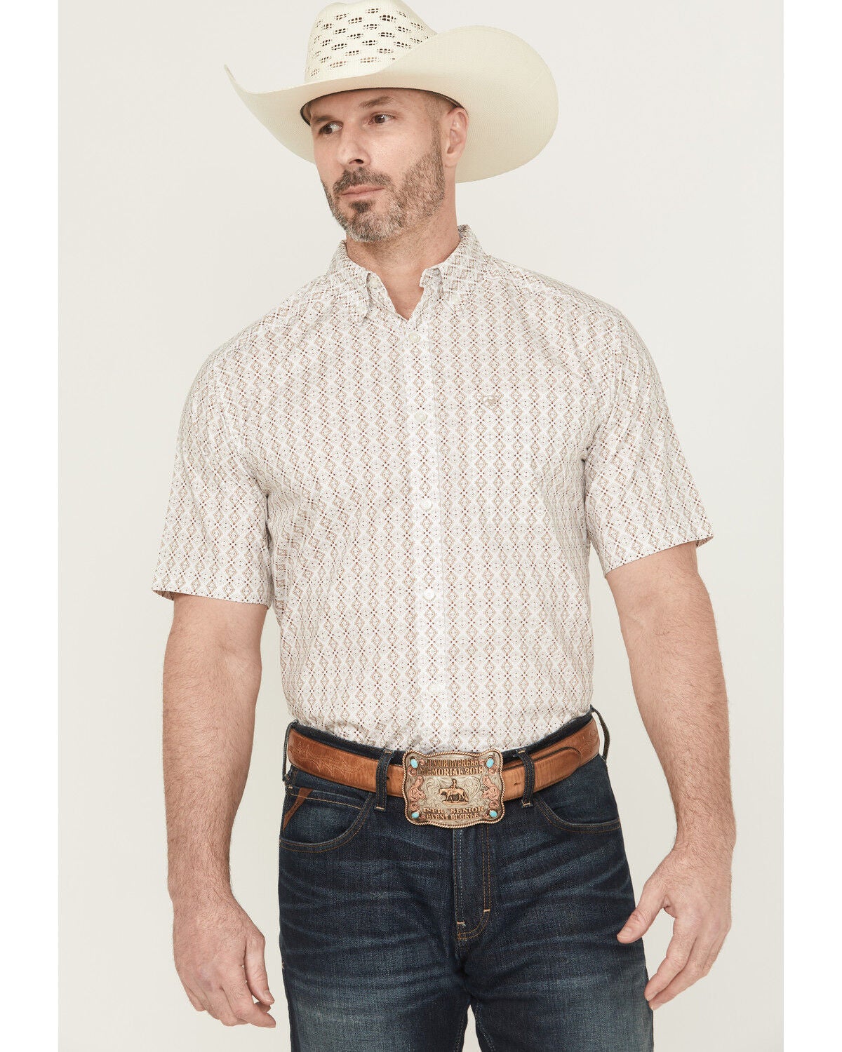 Men's Ariat Carlo Tonal Geo Print Short Sleeve Button-Down Western Shi