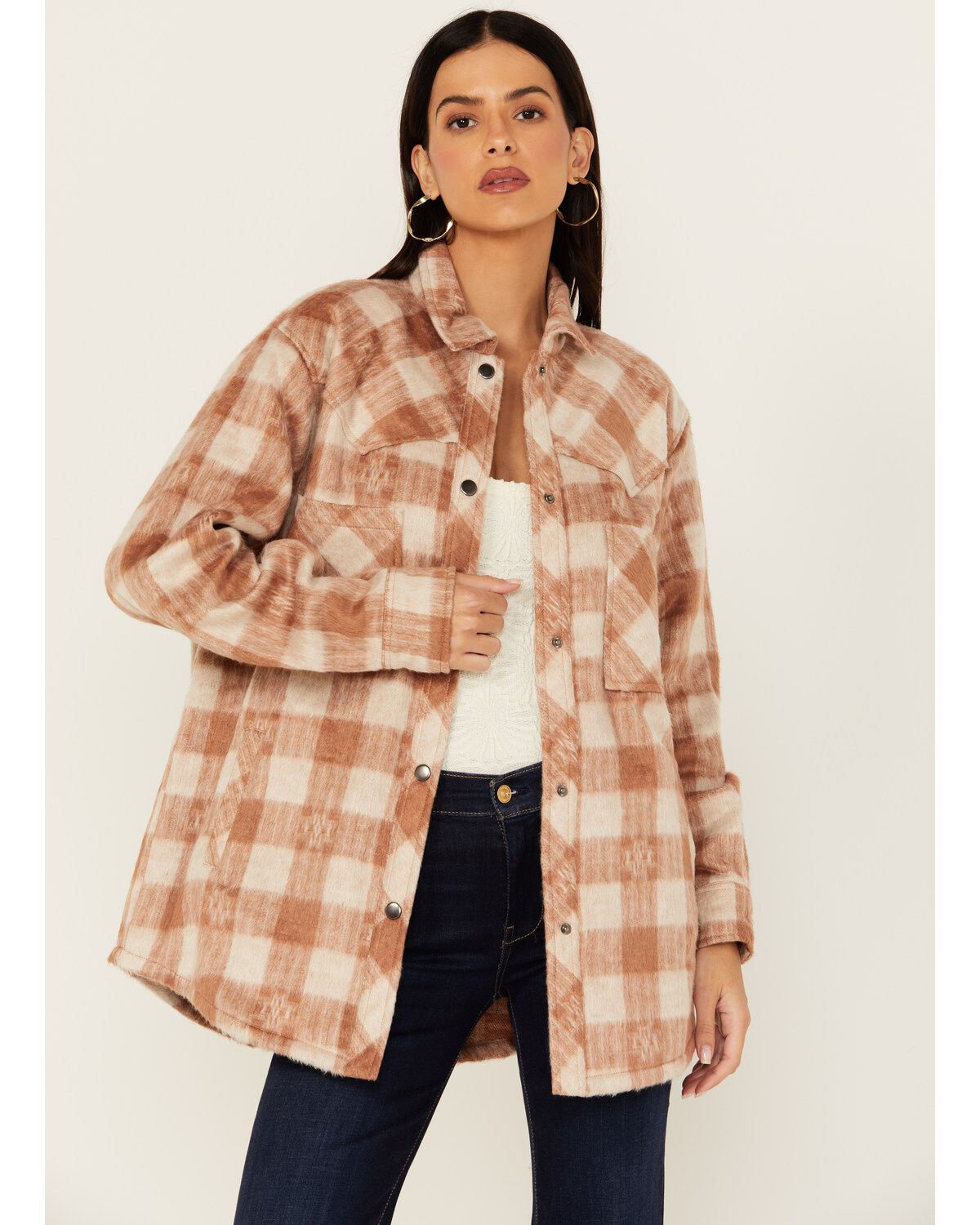 Women's Rock & Roll Denim Brushed Plaid Print Shacket