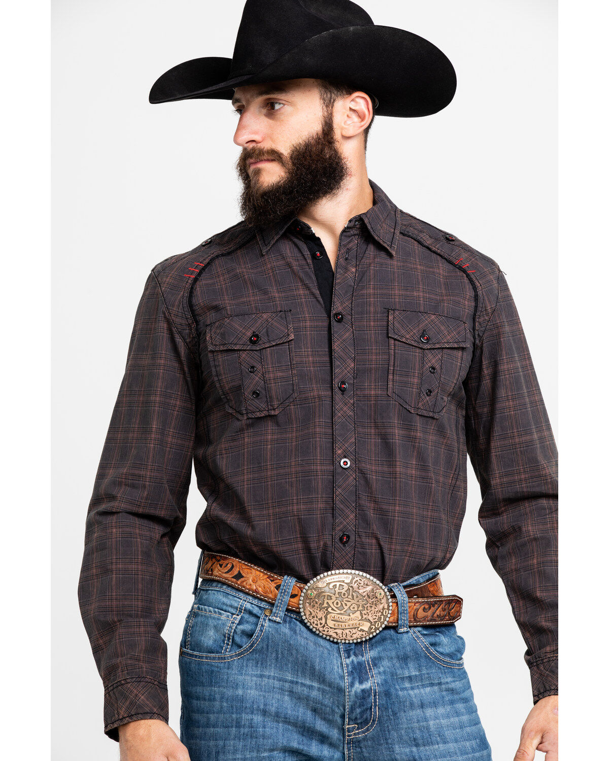 Men's Austin Season Embroidered Cross Plaid Print Button Long Sleeve W