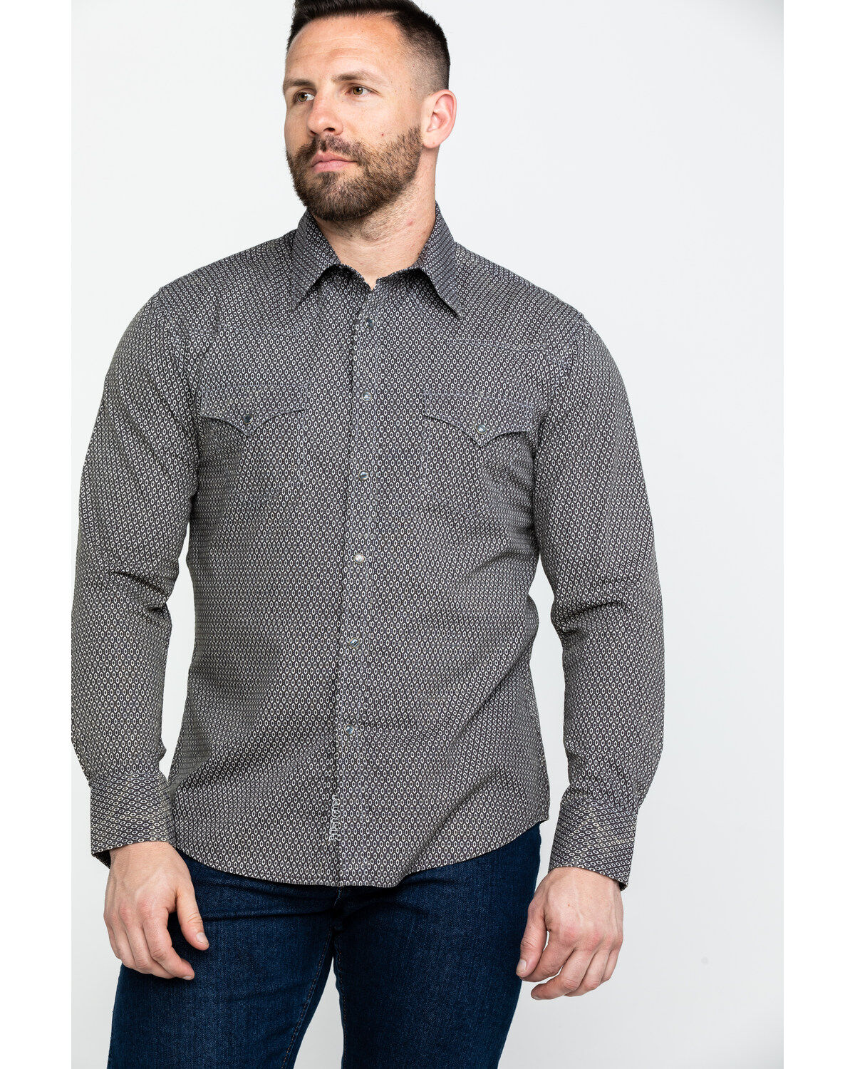 Men's Rock & Roll Denim Brown Washed Poplin Print Long Sleeve Western