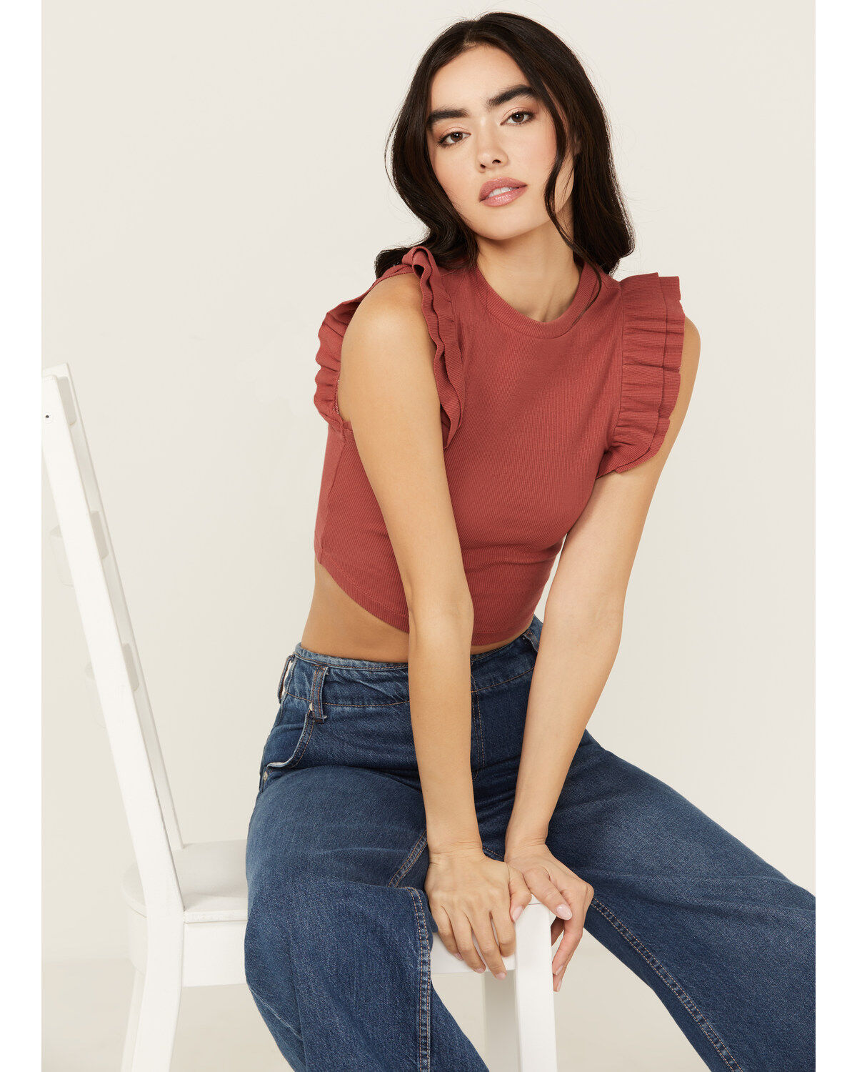Women's Shyanne Ruffle Sleeve Ribbed Cropped Top