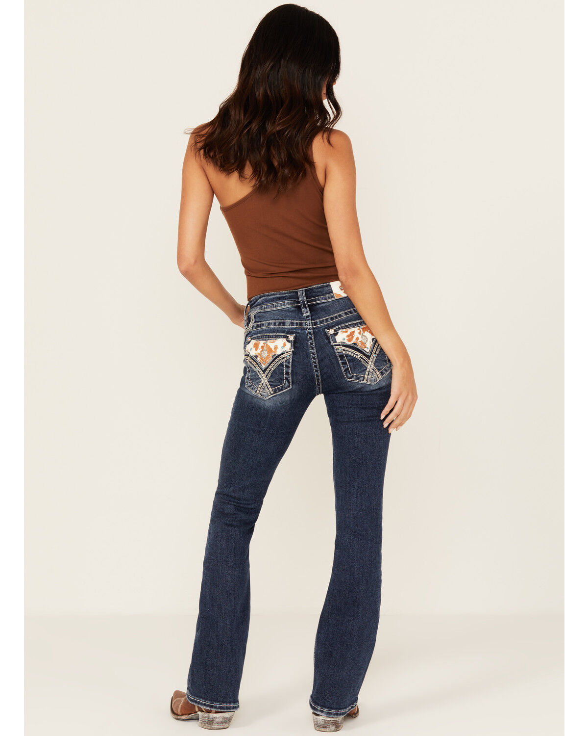 Women's Miss Me Medium Wash Mid Rise Cowhide Pocket Bootcut Stretch De