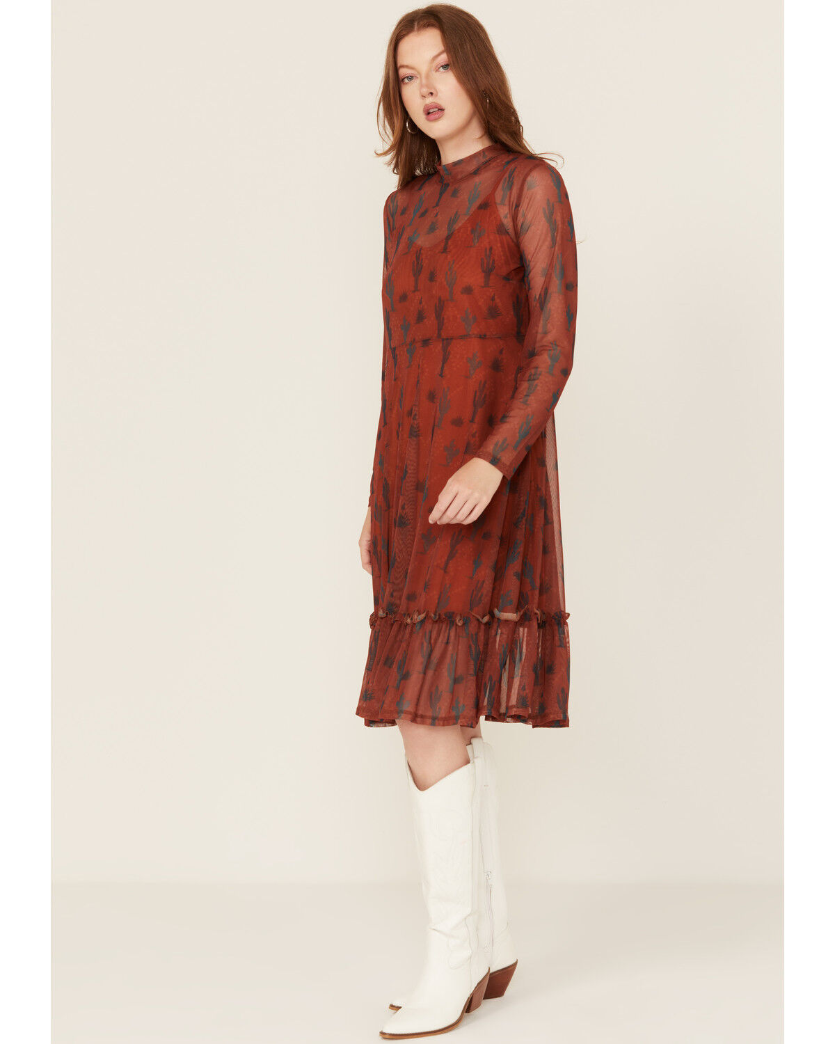 Women's Panhandle Cactus Print Long Sleeve Mesh Midi Dress