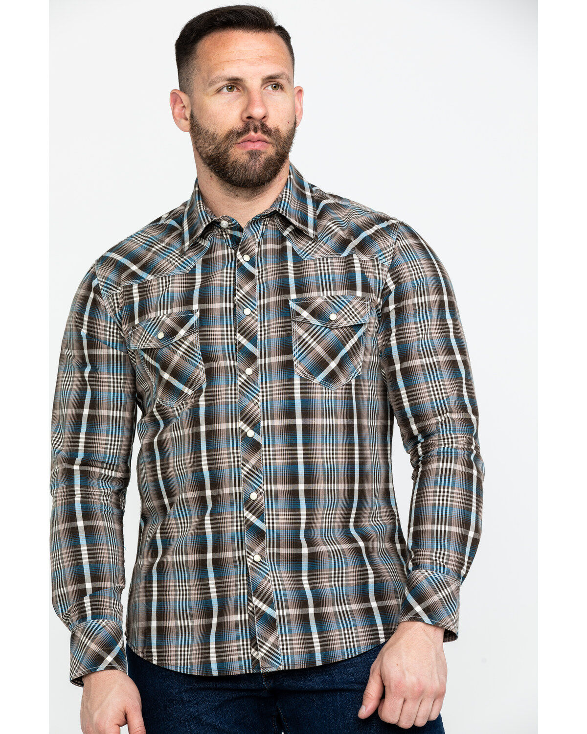 Men's Rock & Roll Denim Plaid Print Long Sleeve Snap Western Shirt