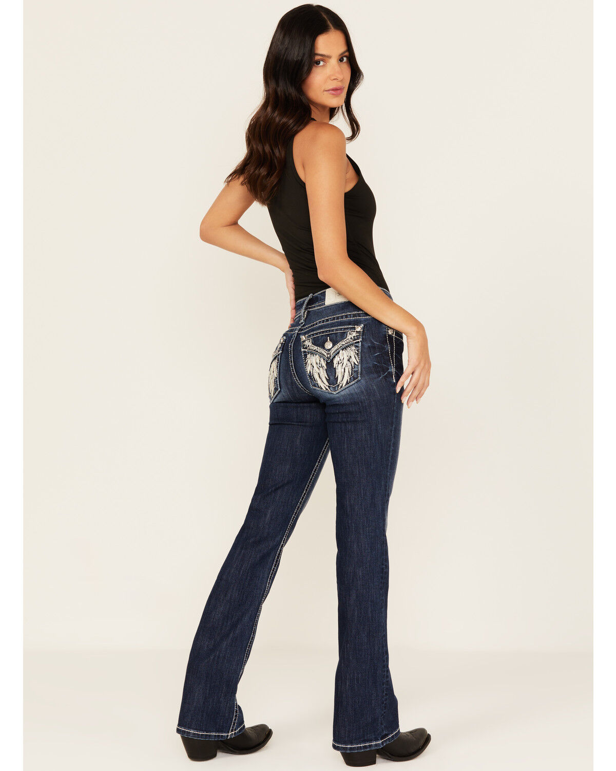 Women's Miss Me Dark Wash Mid Rise Feather Pocket Bootcut Stretch Deni