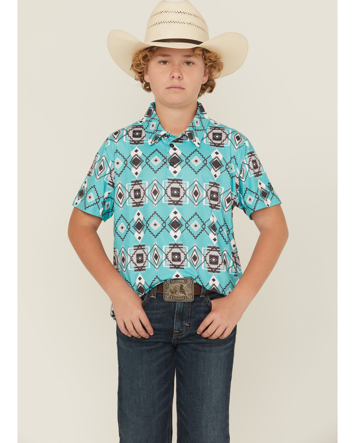Boys' Hooey Southwestern Print Short Sleeve Button-Down Stretch Polo S