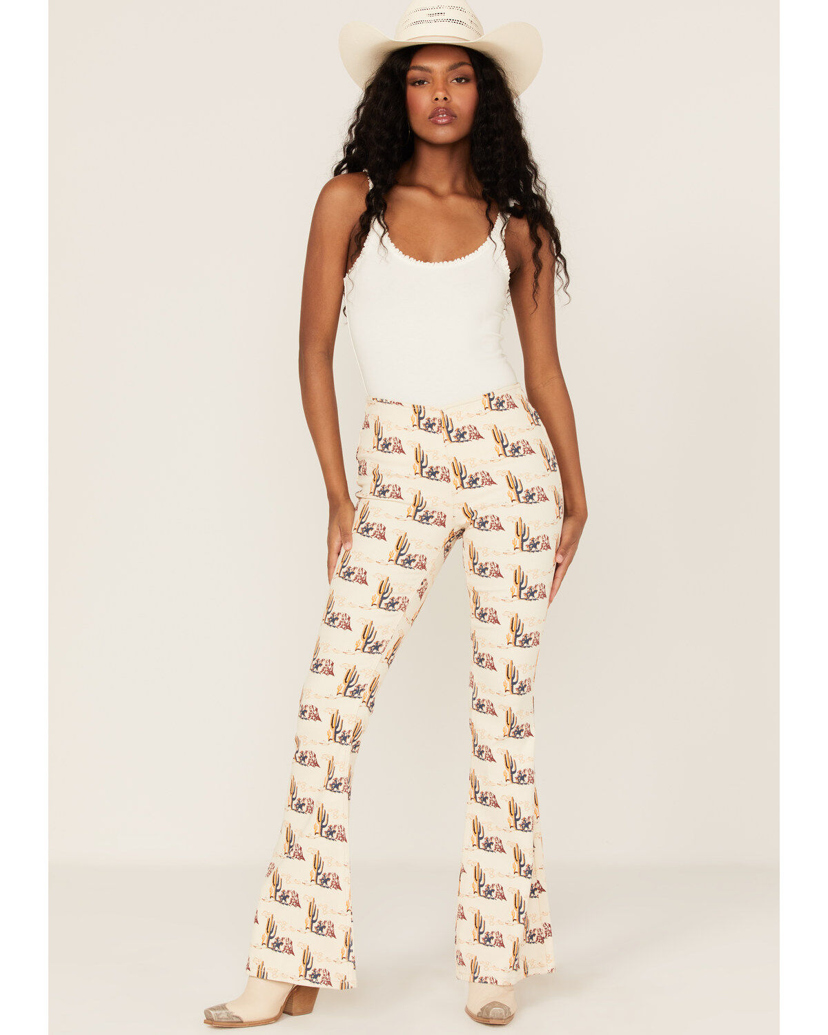 Women's Rock & Roll Denim Desert Cactus Print High Rise Flare Jeans