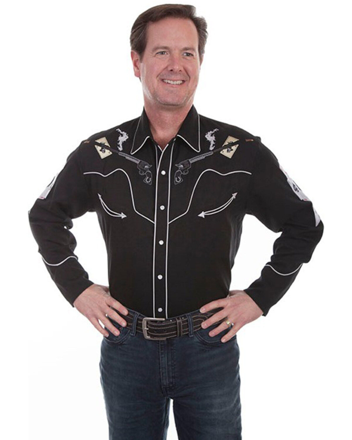 Men's Scully Skulls, Guns N Cards Embroidered Yoke Long Sleeve Pearl S