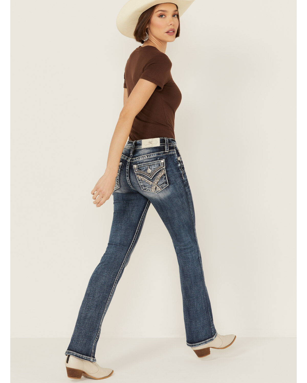 Women's Miss Me Dark Wash Mid Rise Faux Flap Pocket Bootcut Stretch De