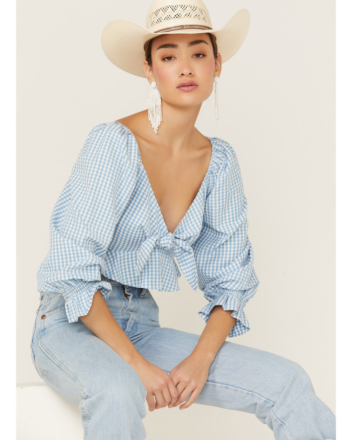 Women's Beyond The Radar Gingham Tie Front Crop Blouse
